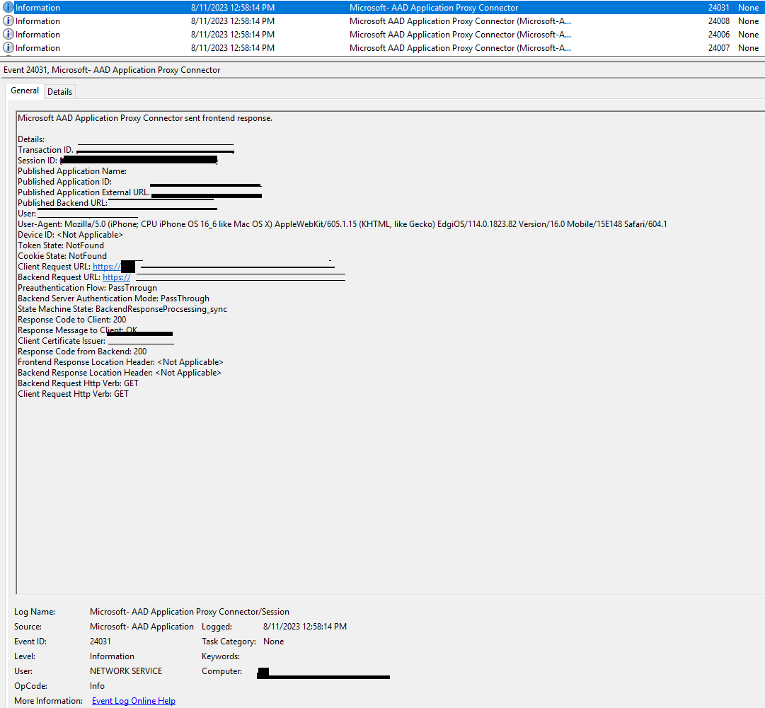 Azure App Proxy Detailed Log Example