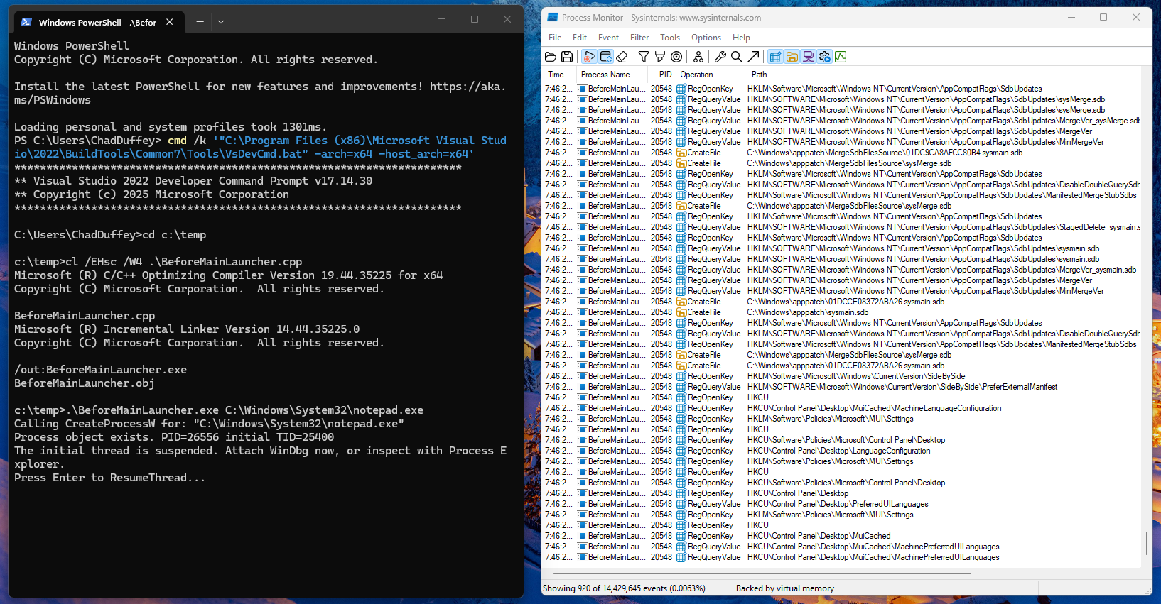 BeforeMainLauncher running with notepad.exe suspended