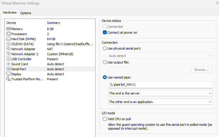 VMware Workstation serial port named pipe settings
