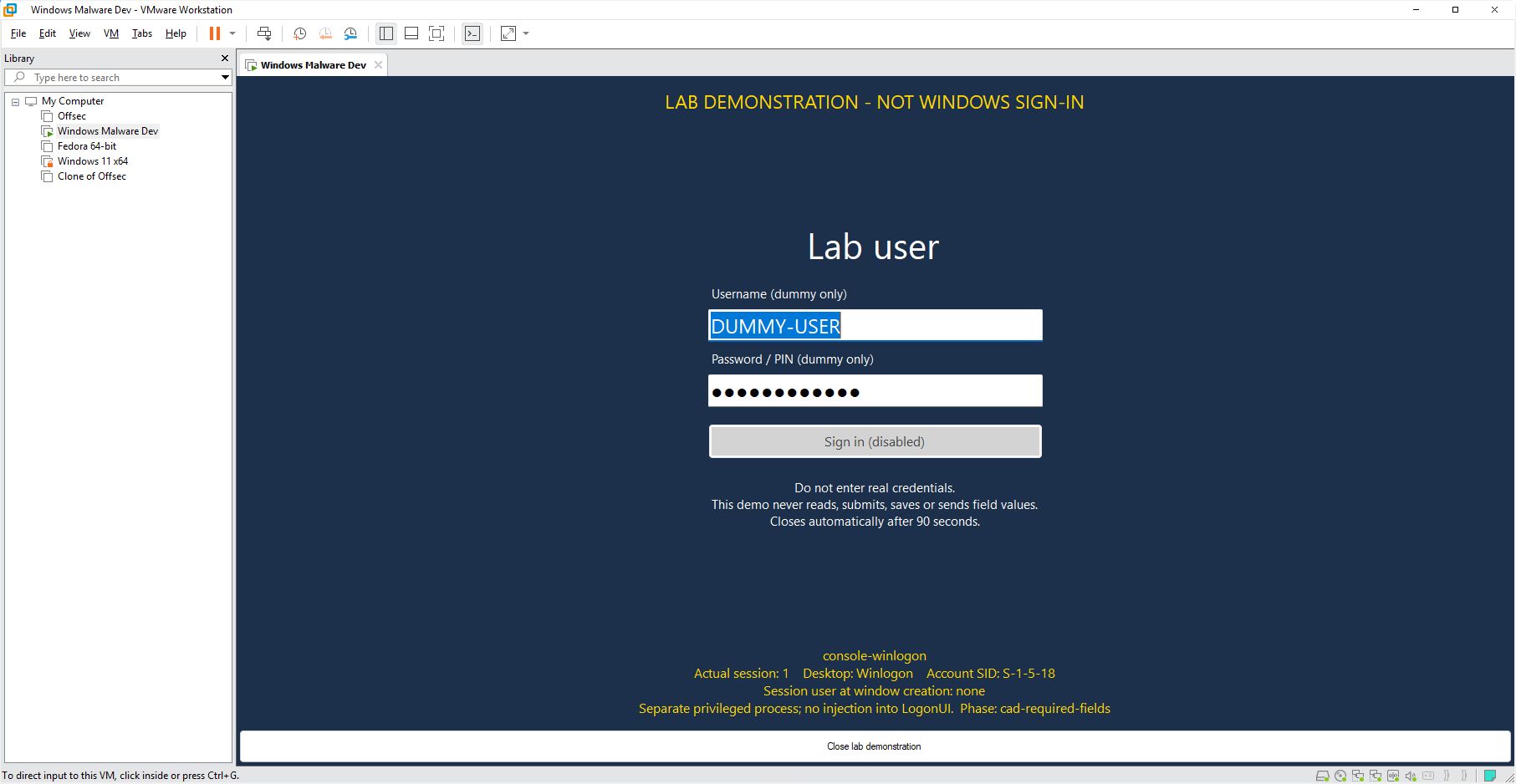 A labelled lab sign-in form with dummy username and password fields, displayed by a SYSTEM process on Winlogon before user sign-in