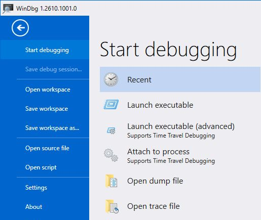 WinDbg Start debugging menu with Launch executable advanced