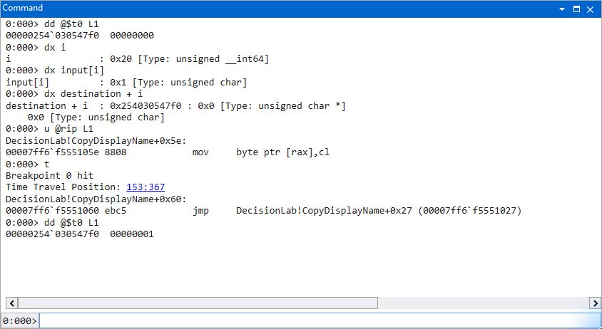 WinDbg shows the source byte, destination address, and recorded zero-to-one store
